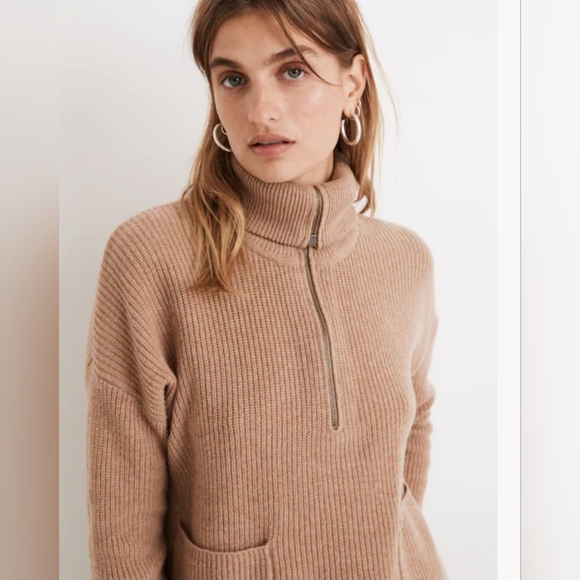 Madewell "Glenbrook Half-Zip Pullover Sweater" Heather Saddle Tan Women's Size M - Picture 2 of 12